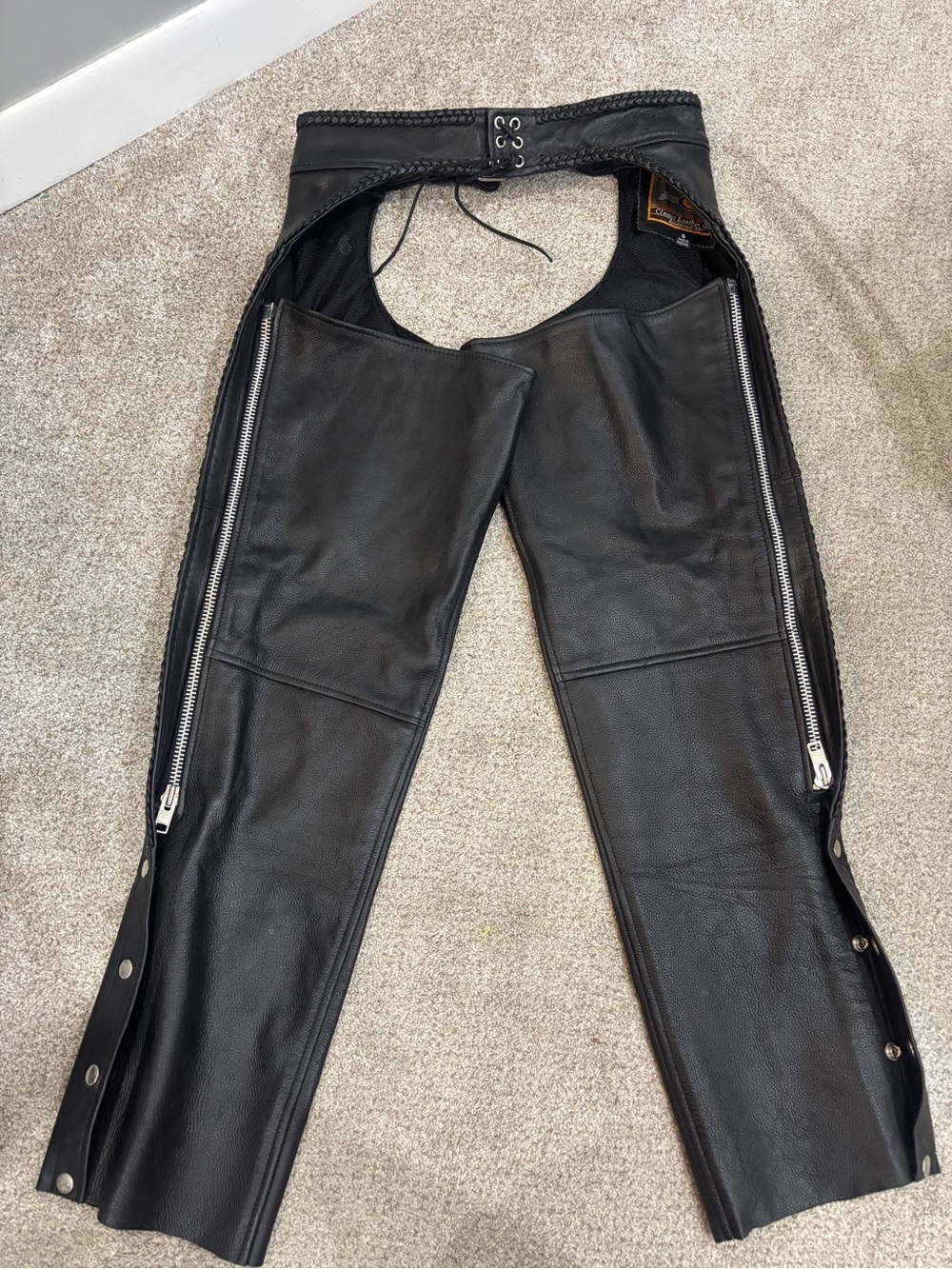 First classics black leather geniune Leather" unisex motorcycle chaps size small